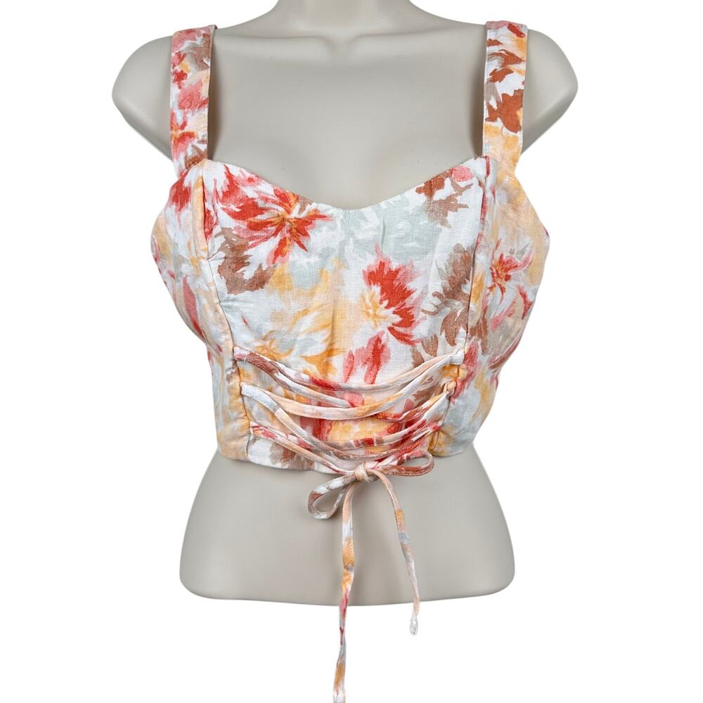 Abercrombie & Fitch Crop Top Linen Blend Corsetted Sunset Floral Print Sm Boho